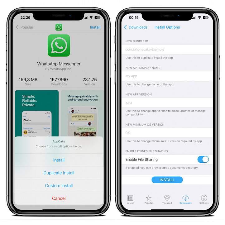 Two iPhone screens showing AppCake IPA installation on iOS 15.