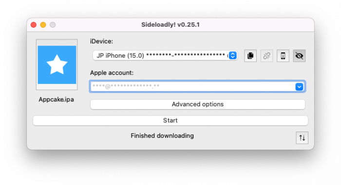 Screenshot of Sideloadly with loaded AppCake IPA for iOS 15.