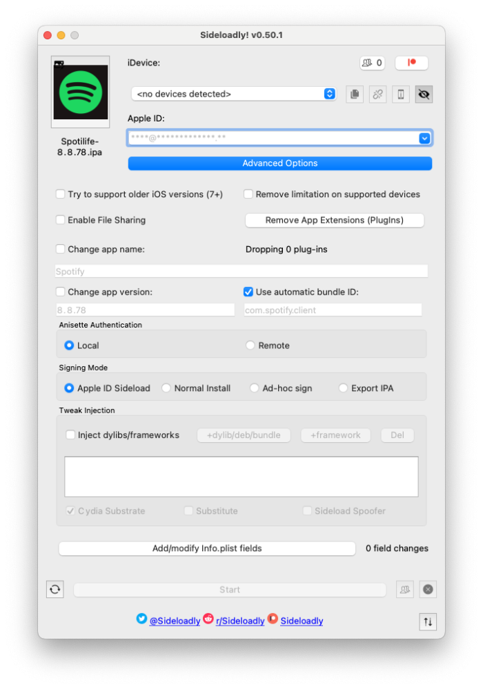 Spotify++ IPA in Sideloadly app.