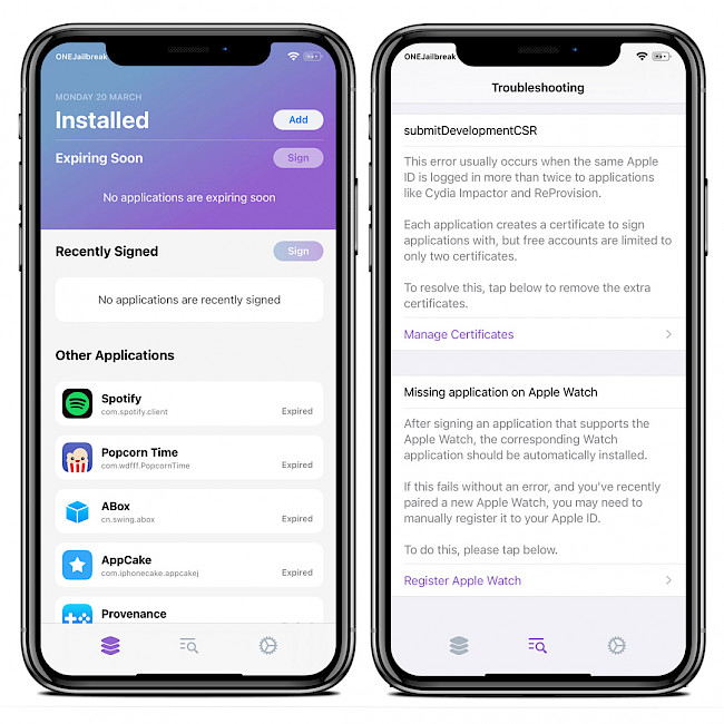 Two iPhone screens showing ReProvision Reborn app interface on iOS 15.
