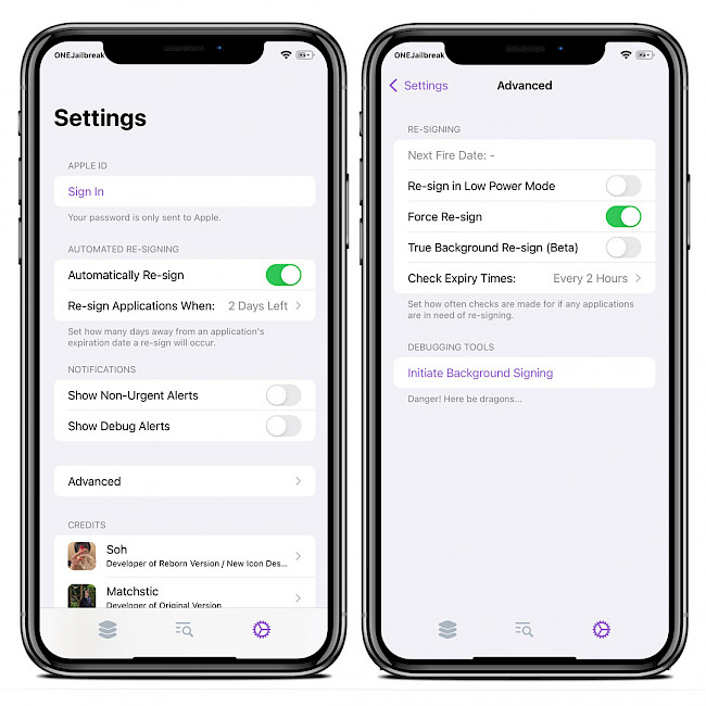 Two iPhone screens showing the ReProvision Reborn Settings and Advanced pages.