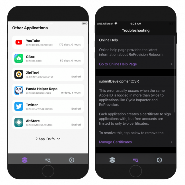 Two iPhone screens showing ReProvision Reborn other apps and troubleshooting sections.