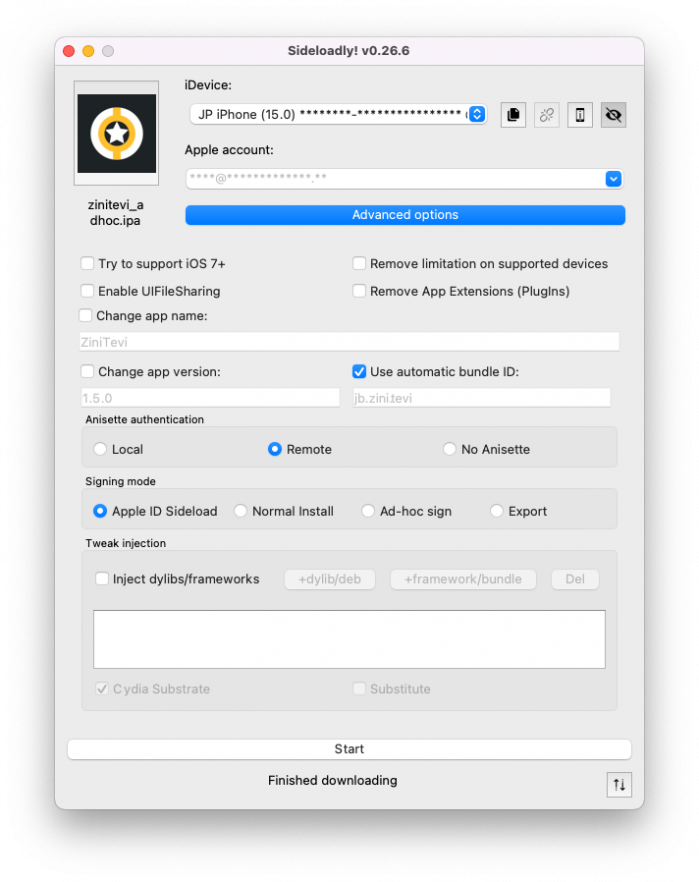 Screenshot of Sideloadly app with configuration to sideload ZiniTevi IPA file on iOS.