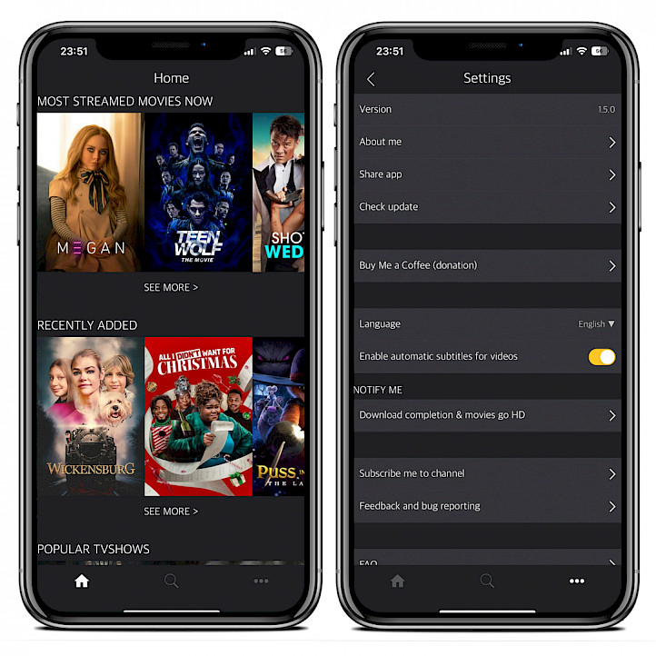 Two I|Phone screens hosing ZiniTevi app on iOS 15.