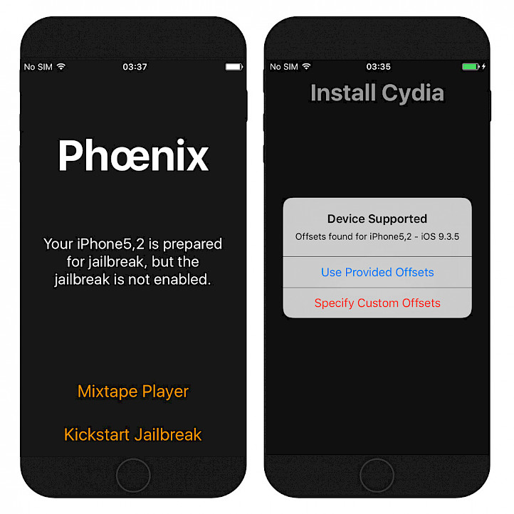 Two iPhone screens showing the Phoenix Jailbreak interface on iOS 9.