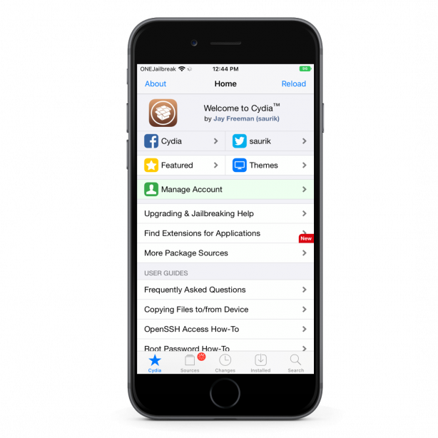 iPhone 7 screen showing Cydia Package Manager main interface on iOS 10.