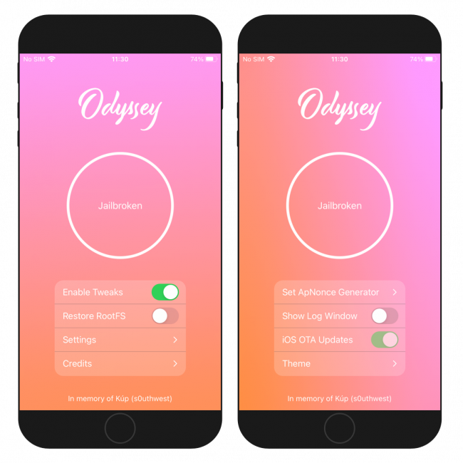 Two iPhone screens showing the Odyssey Jailbreak app running on iPhone with iOS 13.