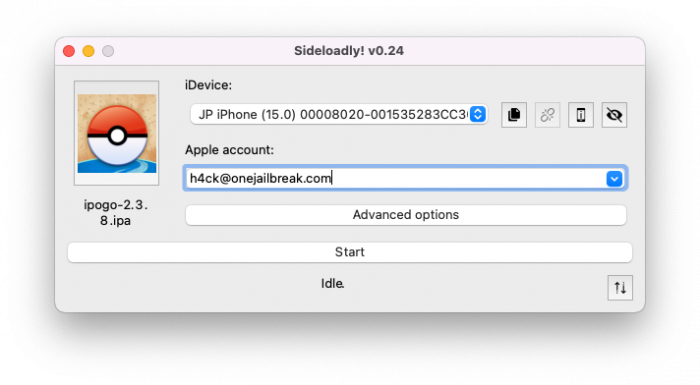 Screenshot of the installation process of iPogo IPA on iOS 15 using Sideloadly application.