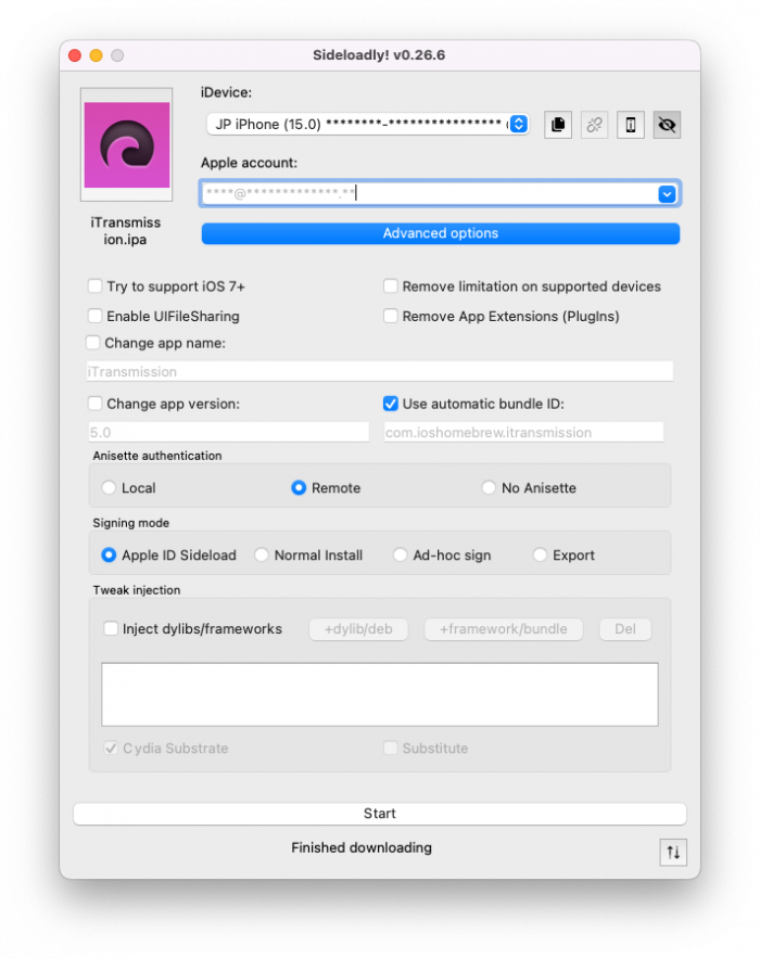 Screenshot of Sideloadly app showing the configuration for installation of iTransmission IPA.