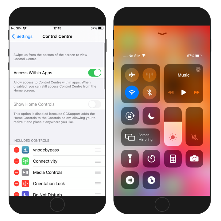 Two iPhone screens showing the vnodebypass cc module on iOS 14 Control Centre.