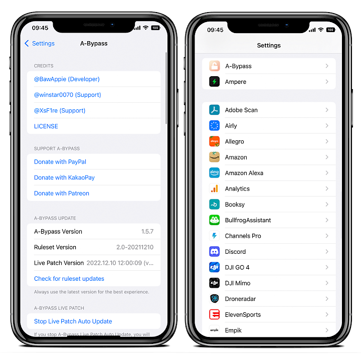 Two iPhone screens showing the A-Bypass tweak preference pane in Settings app.