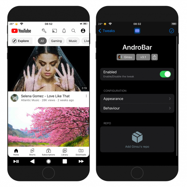 Two iPhone screens showing AndroBar Settings and the bar displayed under YouTube app.