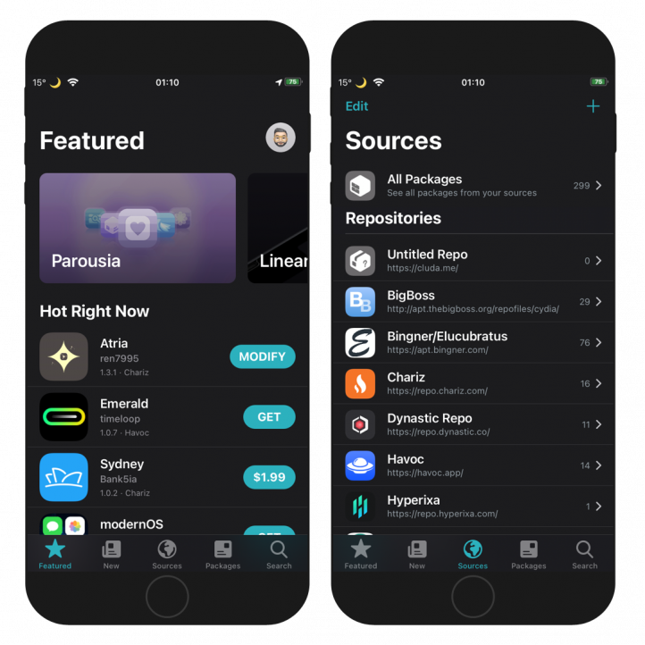 Two iPhone screens showing the Sileo package manager installed with Taurine Jailbreak.