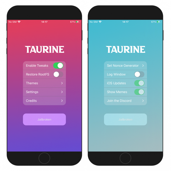 Two iPhone screens showing the Taurine Jailbreak app interface for iOS 14.