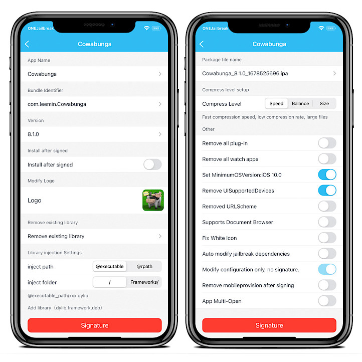 Two iPhone screens showing the Esign IPA signing options on iOS.