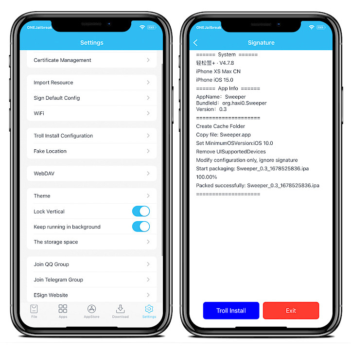 Two iPhone screens showing Esign App Settings.