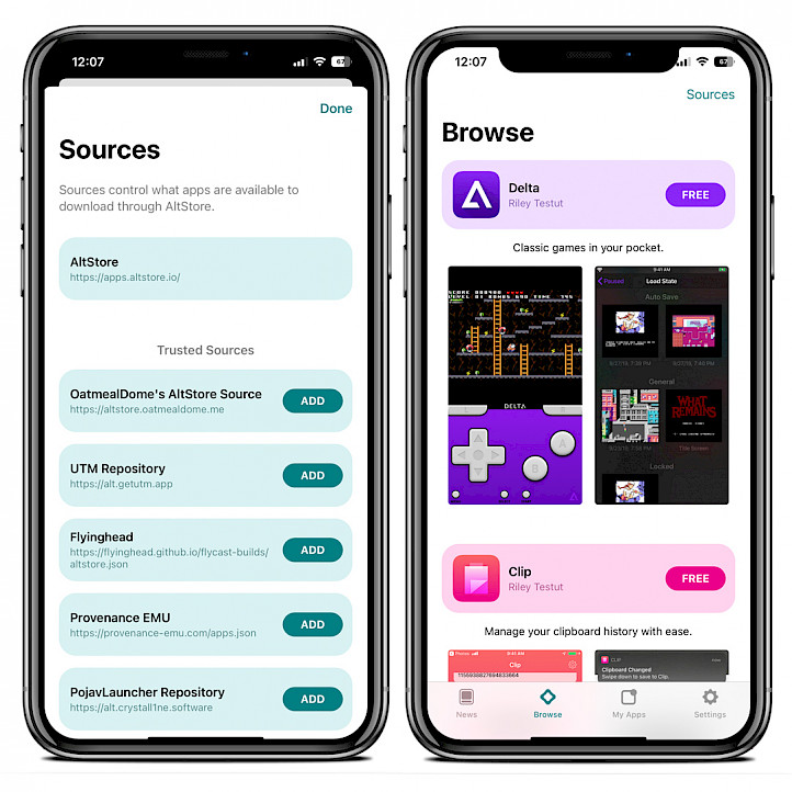 Two iPhone screens showing AltStore Sources and IPA files browser.