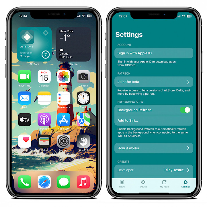 Two iPhone screens showing AltStore widget on Home Screen and AltStore Settings page.