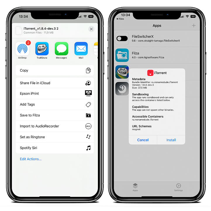 two iPhone screens showing the installation process of iTorrent IPA using TrollStore IPA installer on iOS 15.