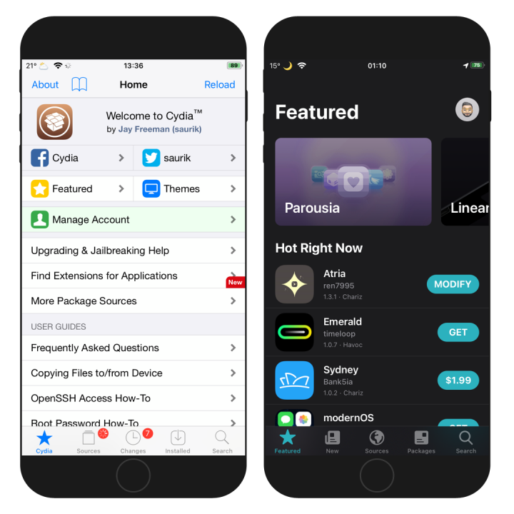 Two iPhone screens showing Cydia and Sileo package managers running on iOS 11.4.1.