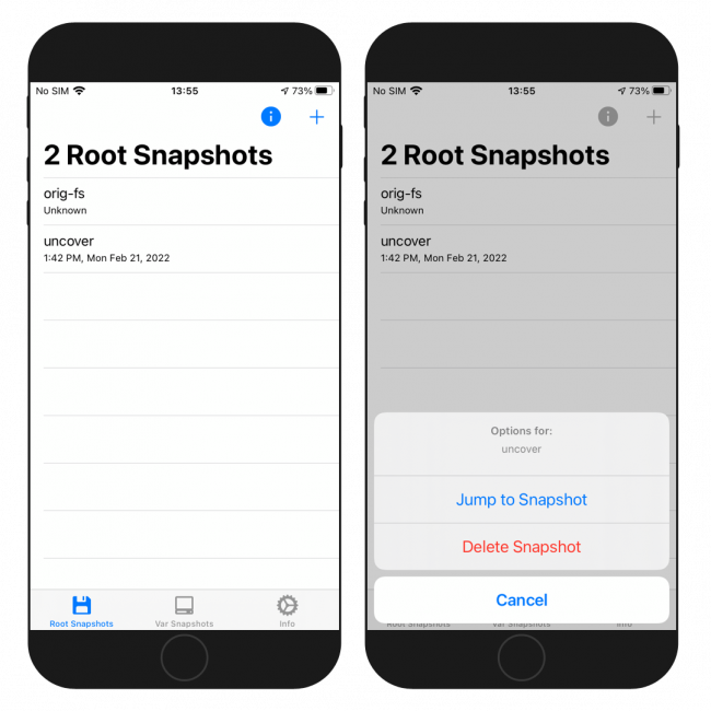 Two iPhone screens showing the SnapBack app interface on iOS 14