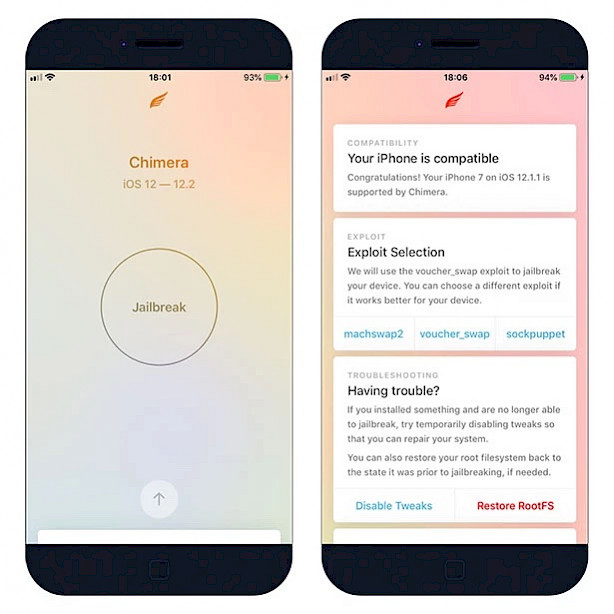 Screenshot of Chimera jailbreak app.
