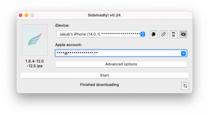 Screenshot of Chimera IPA installation process with Sideloadly app on macOS.