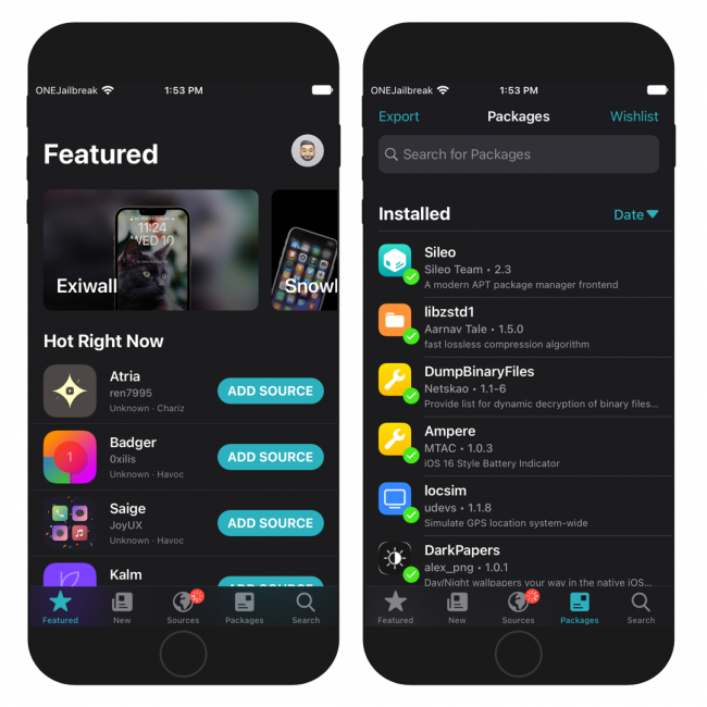 Two iPhone screens showing Sileo interface, the default package manager for Chimera Jailbreak.