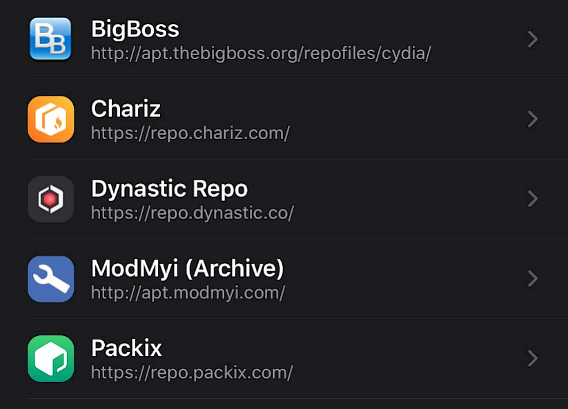 Screenshot of popular Cydia Repositories.