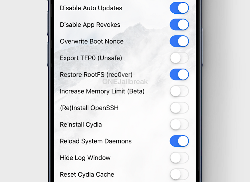 Screenshot of unc0ver settings.