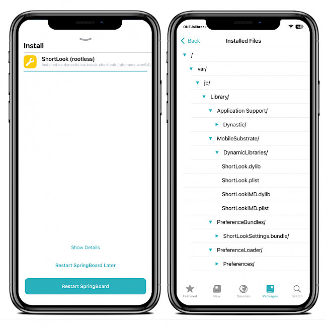 Screenshot of Sileo app showing ShortLook Repo and installed files on iOS 15.