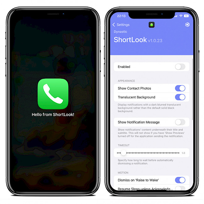 Two iPhone screens showing ShortLook tweak preferences and example notification on Lock Screen.