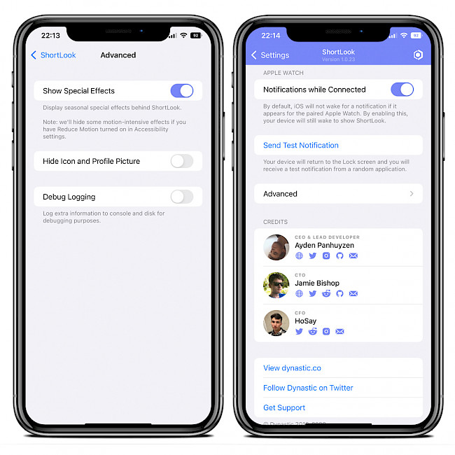 Two iPhone screens showing ShortLook tweak preferences page in Settings app.