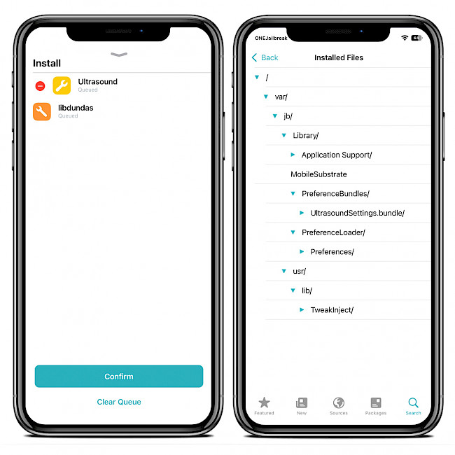 Screenshot of Sileo app showing Ultrasound Repo and installed files.