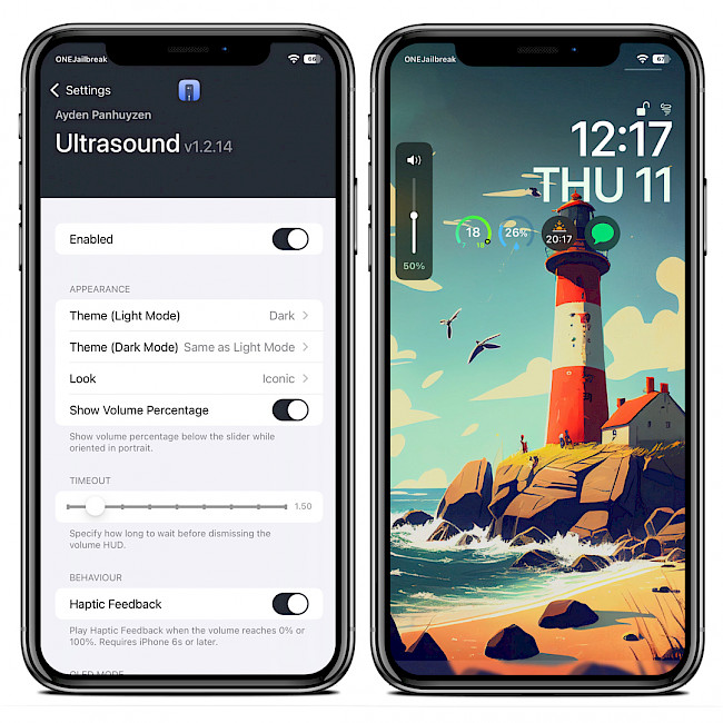 Two iPhone screens showing Ultrasound tweak preference pane and volume HUD look.