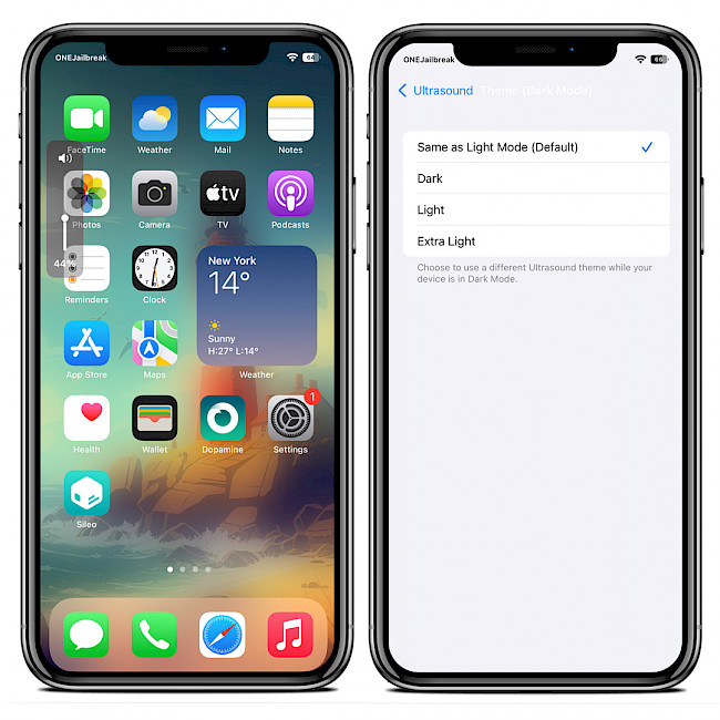 Two iPhone screens showing Ultrasound tweak HUD themes.