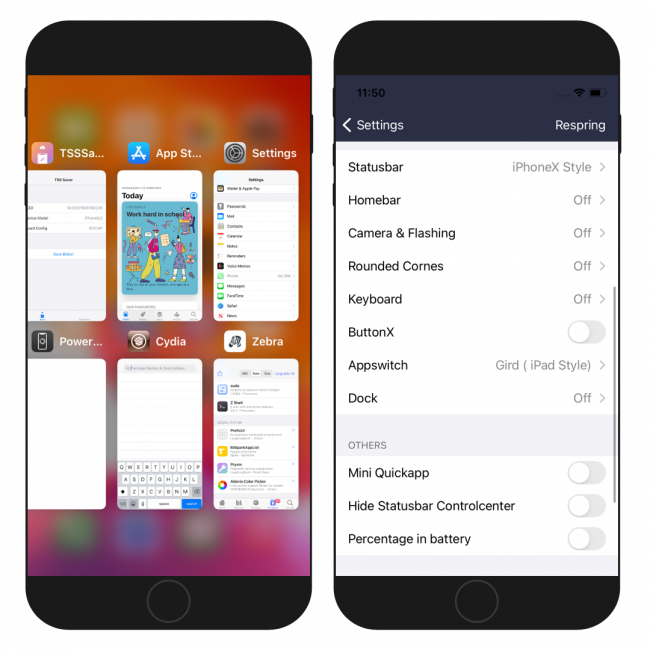 Two iPhone screens showing MiniXS preference page and a new iPad inspired app switcher on iPhone.