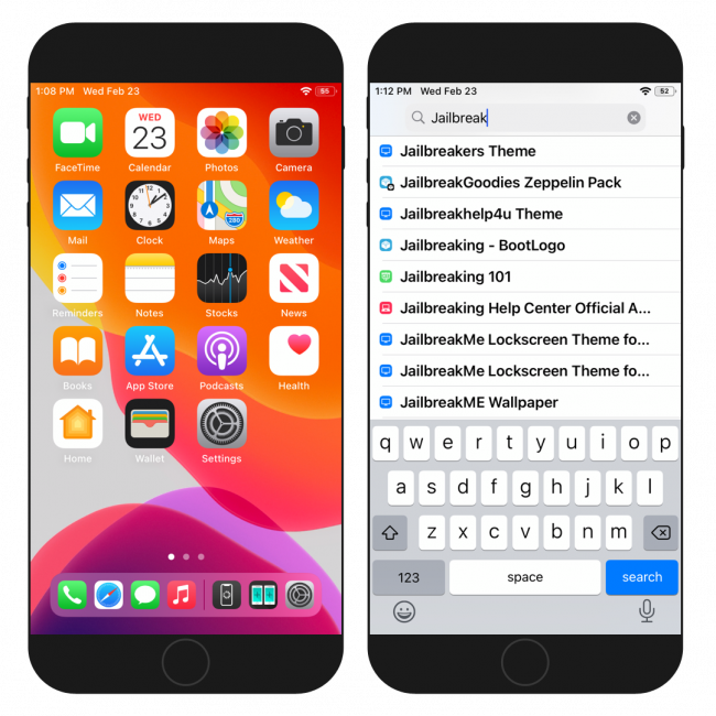 Two iPhone screens showing MiniXS tweak enabled features on iOS 14.
