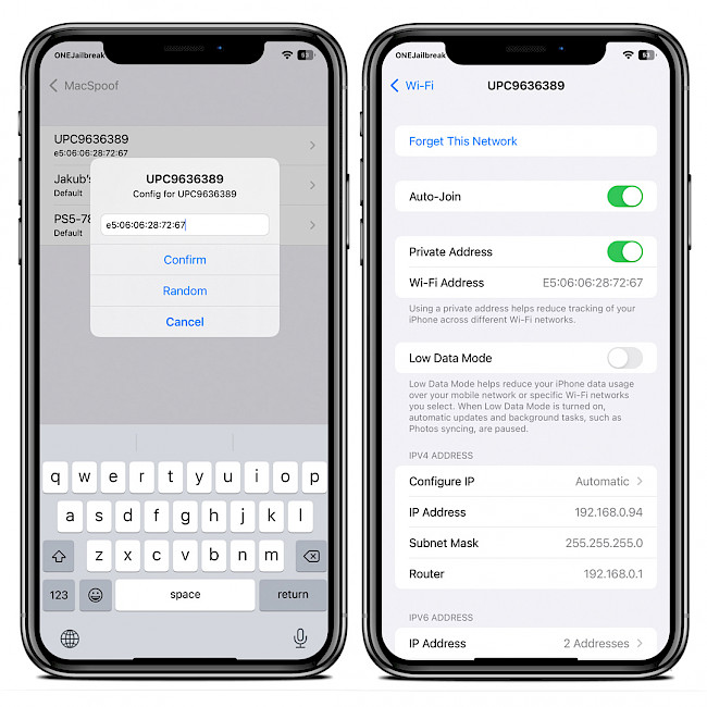 iPhone screen showing example spoof MAC Adress configuration on iOS.