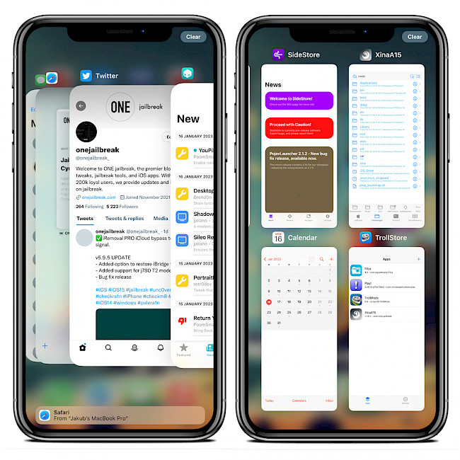 Two iPhone screens showing the stock app switcher and the iPad style app switcher enabled with NewGridSwitcher tweak.