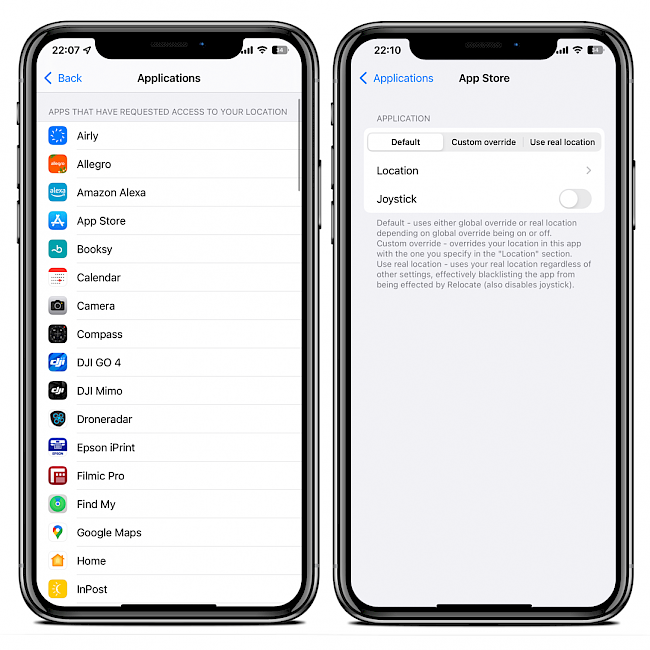 Two iPhone screens showing Relocate Reborn application selection and GPS configuration per-app.