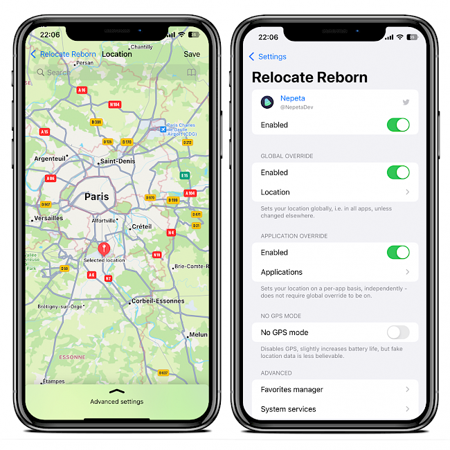 Two iPhone screens showing the Relocation Reborn tweak interface and fake map location.