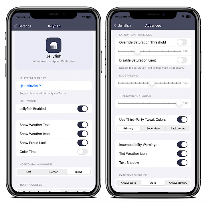Two iPhone screens showing Jellyfish tweak preferences on Dopamine.