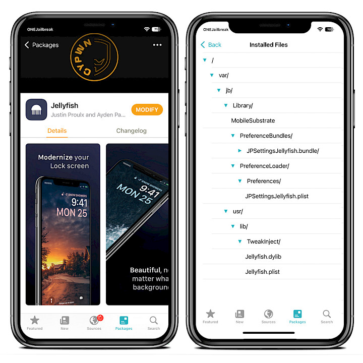 Screenshot of Sileo app showing JellyFils Repo and installed files on iOS 15.