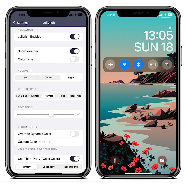 Two iPhone screens showing the Jellyfish tweak Settings and the new time look on the Lock Screen.