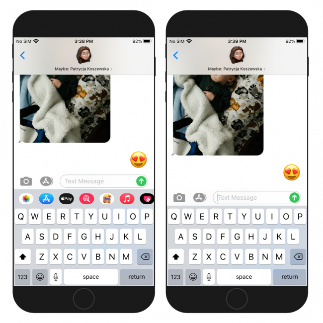 Two iPhone screens showing NoMoreAppBar tweak removing the app bar in iMessage app on iOS 14.