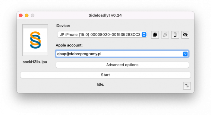 Screenshot of Sideloadly installing sockH3lix Jailbreak IPA on iOS 10.