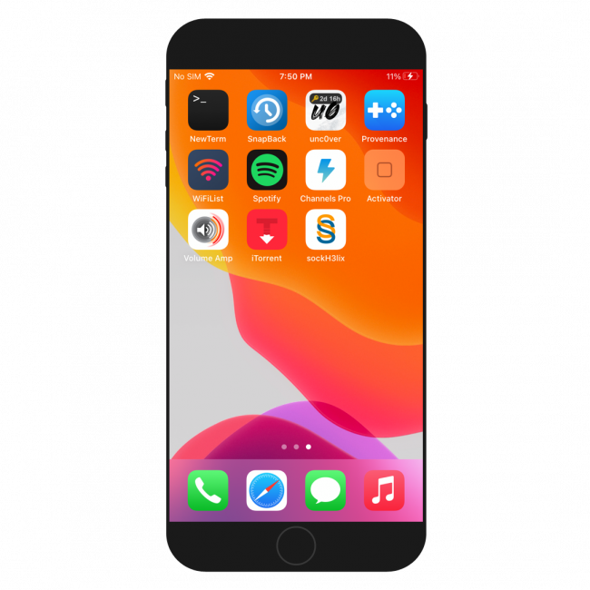 Screenshot of iPhone with installed sockH3lix jailbreak on the Home Screen.