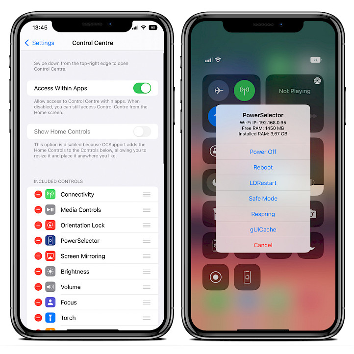 Two iPhone screens showing PowerSelector tweak Control Center module for iOS 15.