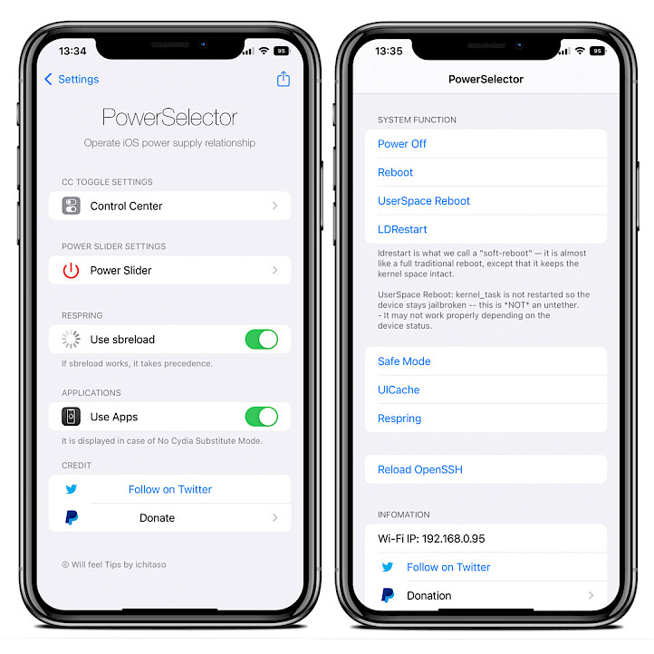 Two iPhone screens showing PowerSelector tweak preference pane and Home Screen app.